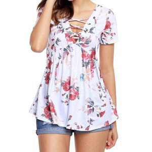Top / Blouse Beautiful Floral Lace Up Loose Tunic